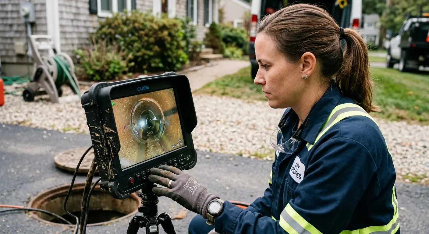 Technician reviewing sewer camera inspection footage in Sunrise