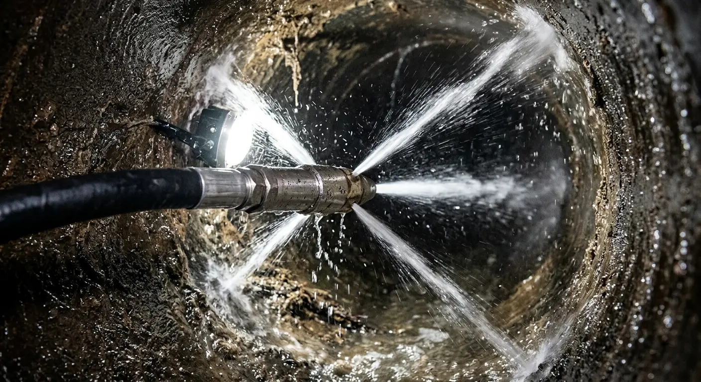 High-pressure hydro jetting nozzle cleaning sewer pipe for Emergency Drain Service in Sunrise