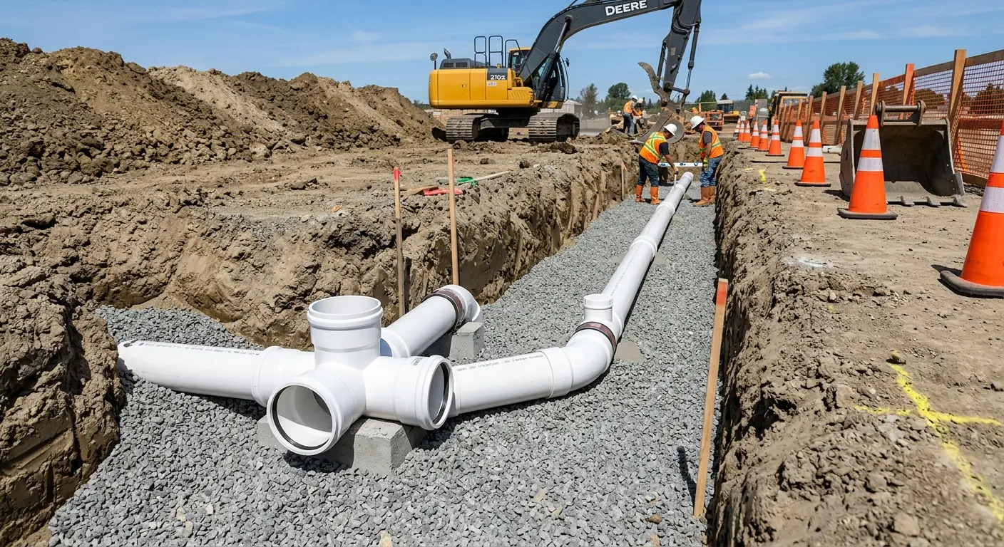 New PVC sewer pipe installation in open trench for Grease Trap Cleaning in Sunrise