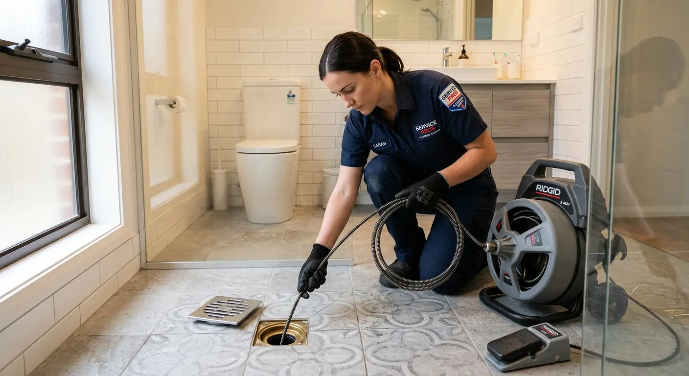Technician clearing a bathroom floor drain for Drain Repair in Sunrise